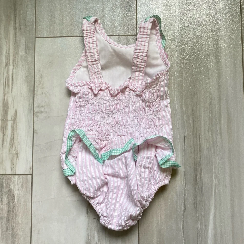 Funtasia Too! Light Pink Seersucker One-Piece Swimsuit with Smocked Back, 4T